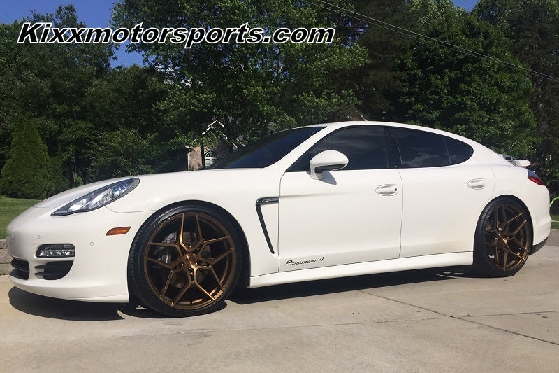 Porsche Panamera with 22 inch Bronze Concave Staggered Wheels by Kixx Motorsports https://www.kixxmotorsports.com .