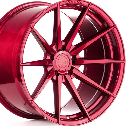 Staggered Rohana RF1 Gloss Red Concave Rotary Forged Wheels are on Sale by Authorized Dealer KIXX Motorsports https://www.kixxmotorsports.com/products/20-full-staggered-set-rohana-rf1-20x10-20x12-gloss-red-wheels-rotory-forged